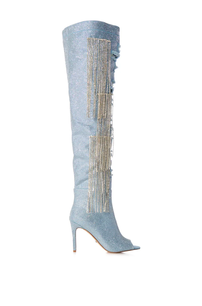 AZALEA WANG MADILYN RHINESTONE DENIM PEEP TOE BOOT