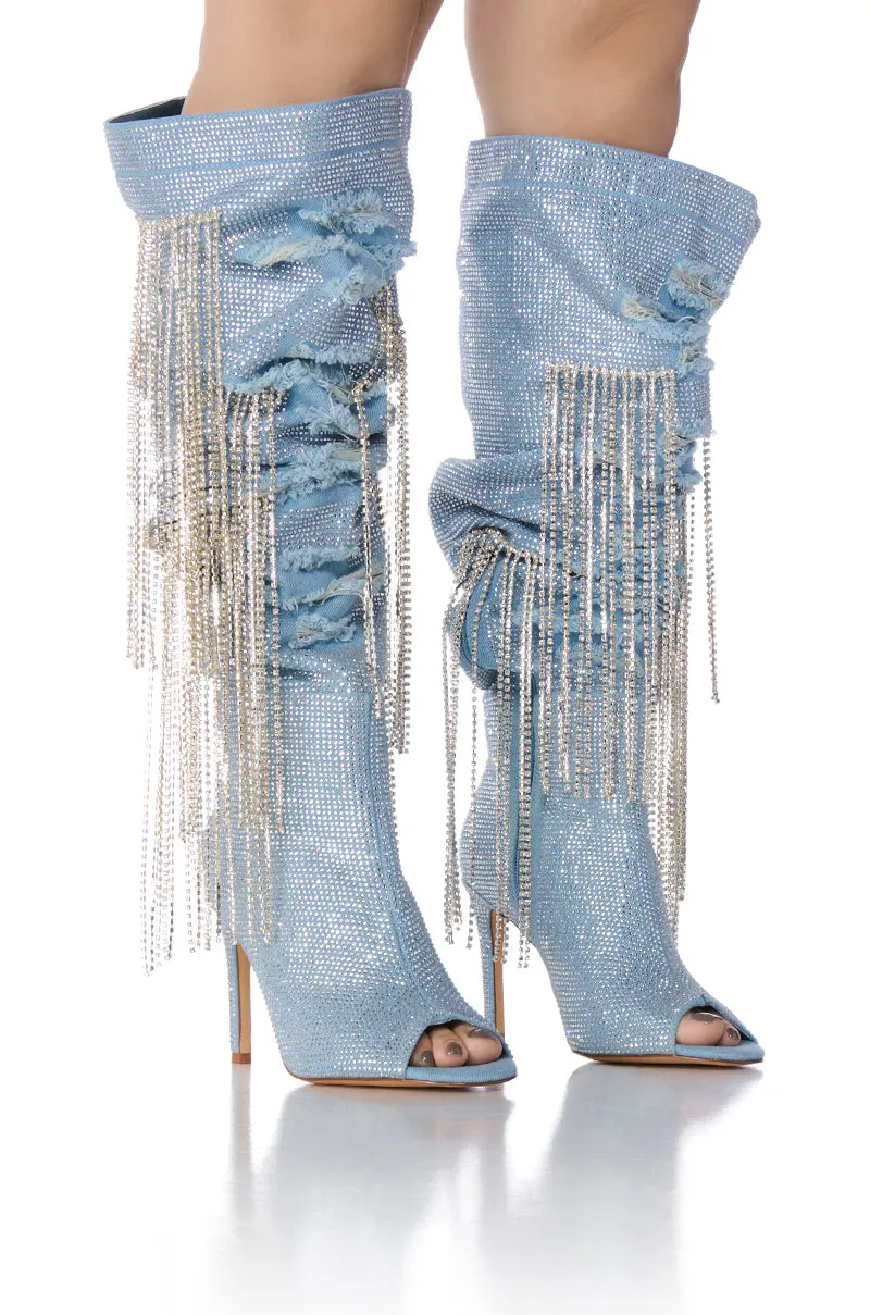 AZALEA WANG MADILYN RHINESTONE DENIM PEEP TOE BOOT