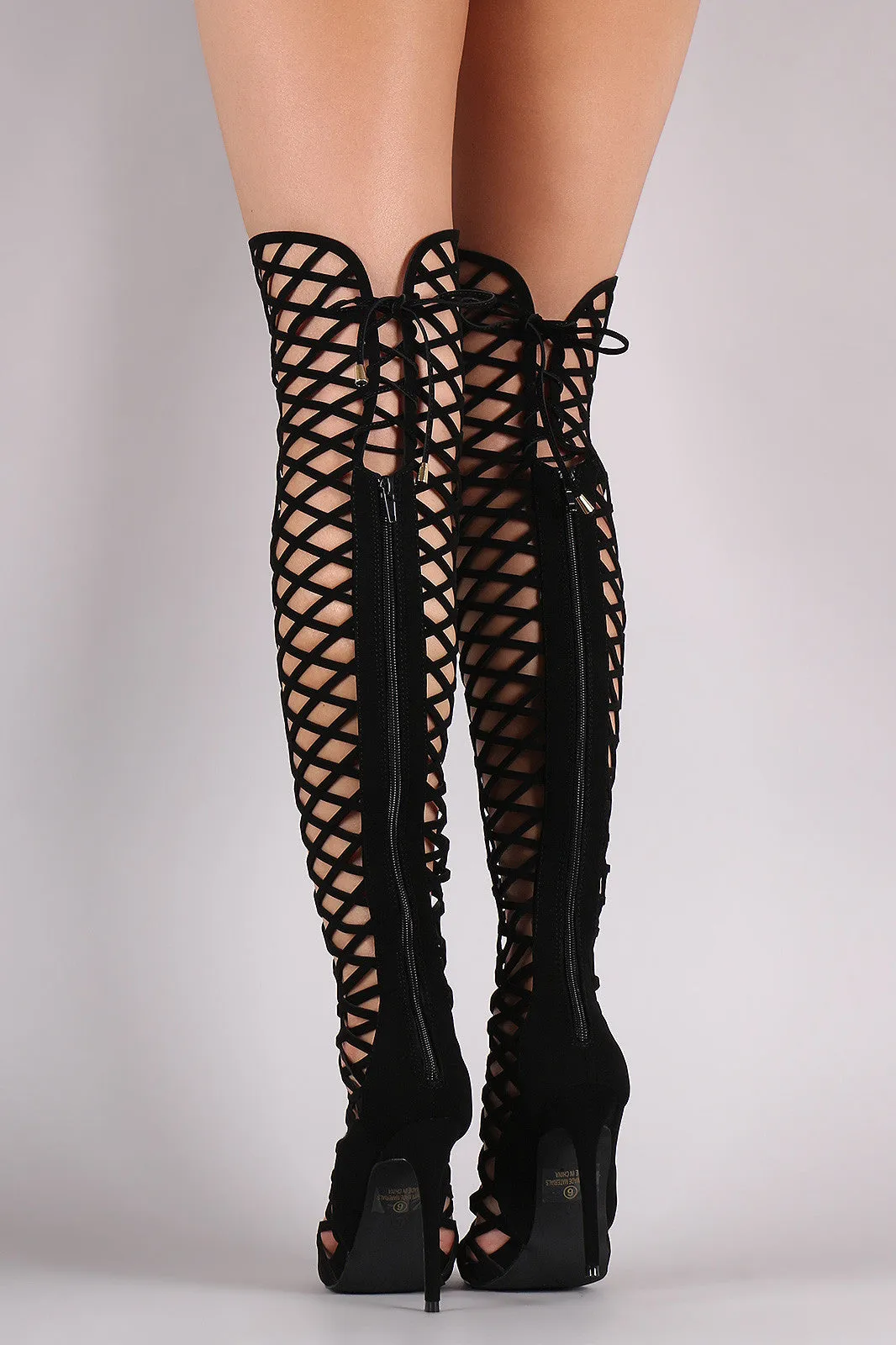 Back Lace-Up Geo Cutout Over-The-Knee Stiletto Boots