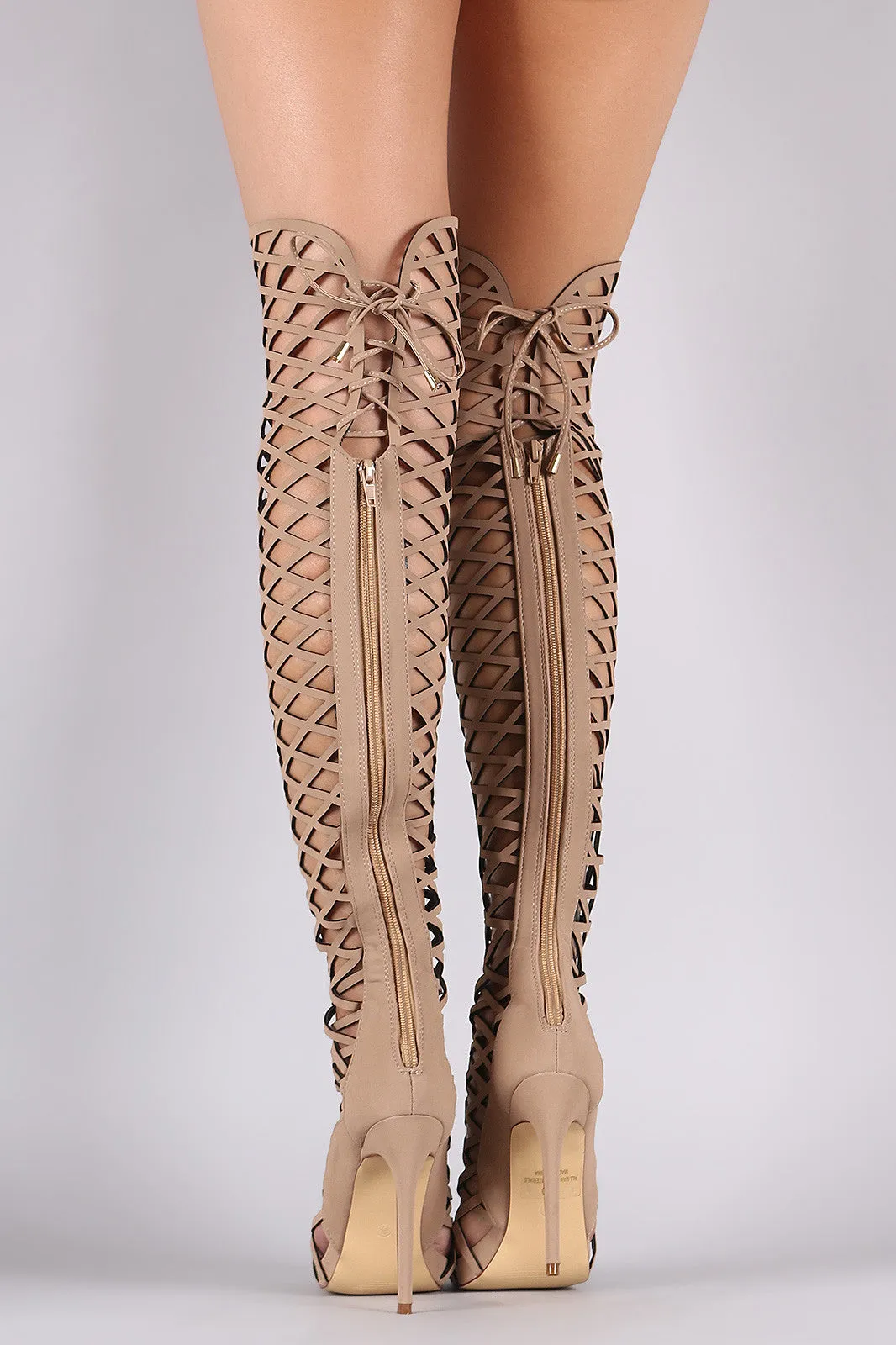 Back Lace-Up Geo Cutout Over-The-Knee Stiletto Boots