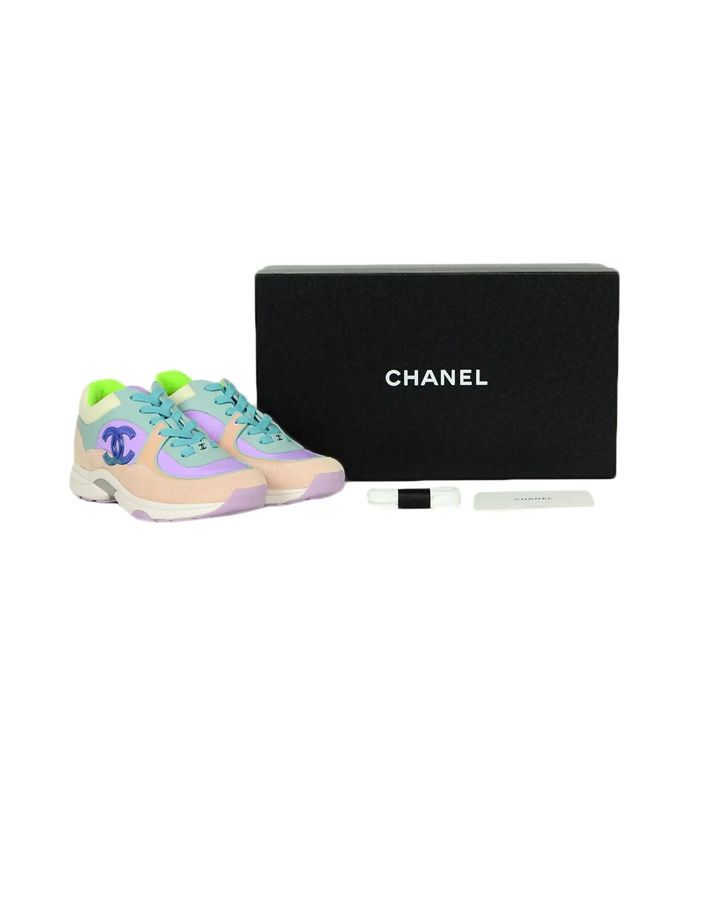 Chanel 2019 Pastel Nylon/Lambskin/Suede Colorblock CC Sneakers sz 38 NWT