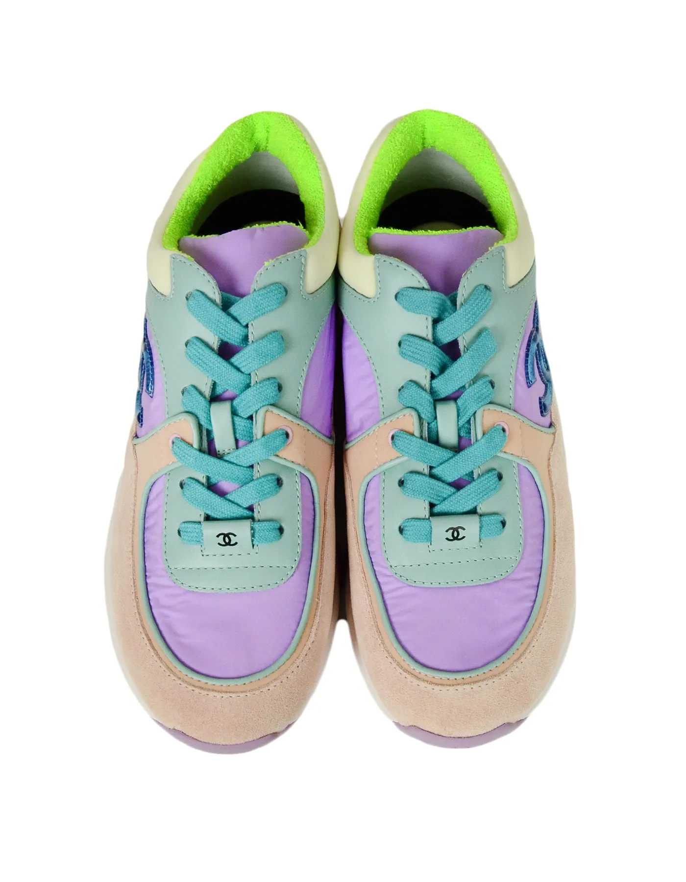 Chanel 2019 Pastel Nylon/Lambskin/Suede Colorblock CC Sneakers sz 38 NWT