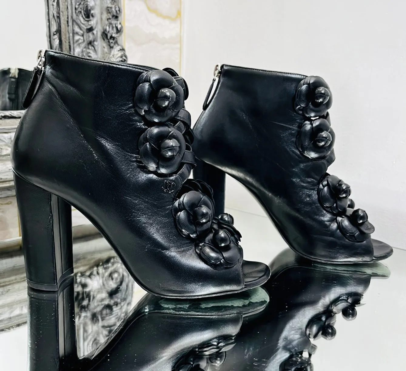 Chanel 3D Camellia Flower Peep Toe Booties. Size 37.5