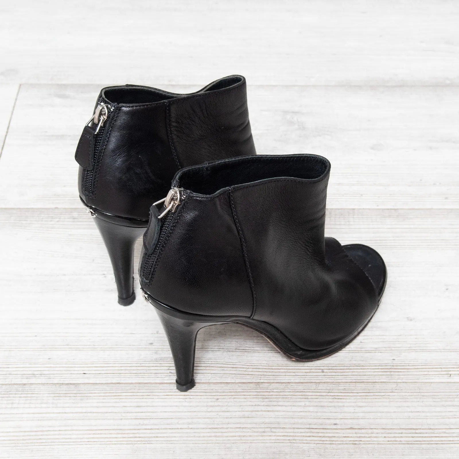 Chanel Black Leather Open Toe Ankle Boots