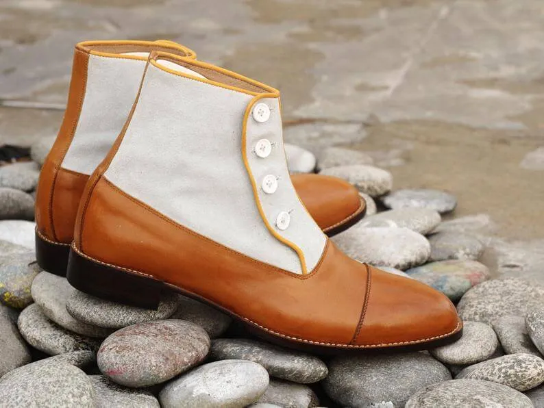 Elegant Handmade Men's Tan White Leather Suede Cap Toe Button Boots, Men Ankle Fashion Boots