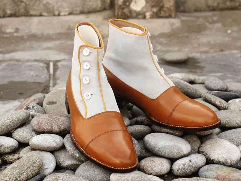 Elegant Handmade Men's Tan White Leather Suede Cap Toe Button Boots, Men Ankle Fashion Boots