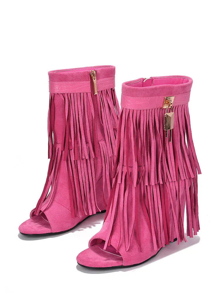 Fringe Open Toe Suede Boots