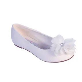 Girls White Chiffon Rhinestone Large Flower Adorned Flats 11-13 Kids