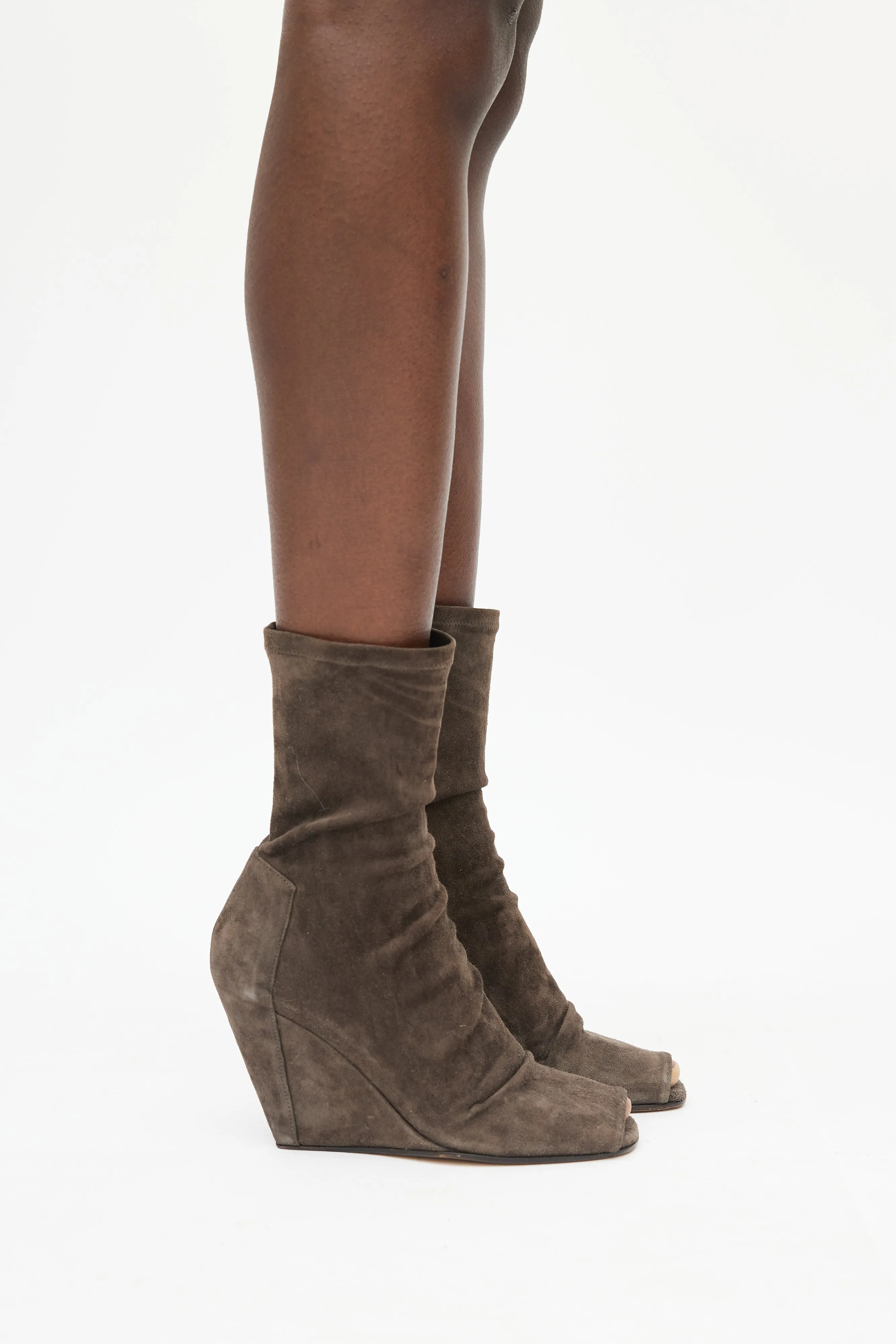 Green Suede Open Toe Wedge Boot