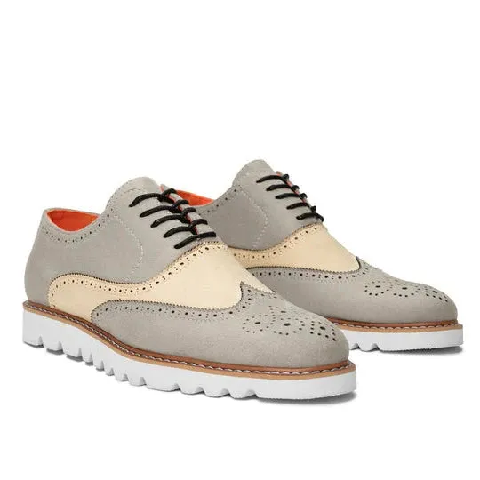 Grey-Beige Men's Casual Shoes Tayno Suede Lace Up Wingtip Oxford Sneaker Style No-The Paragon