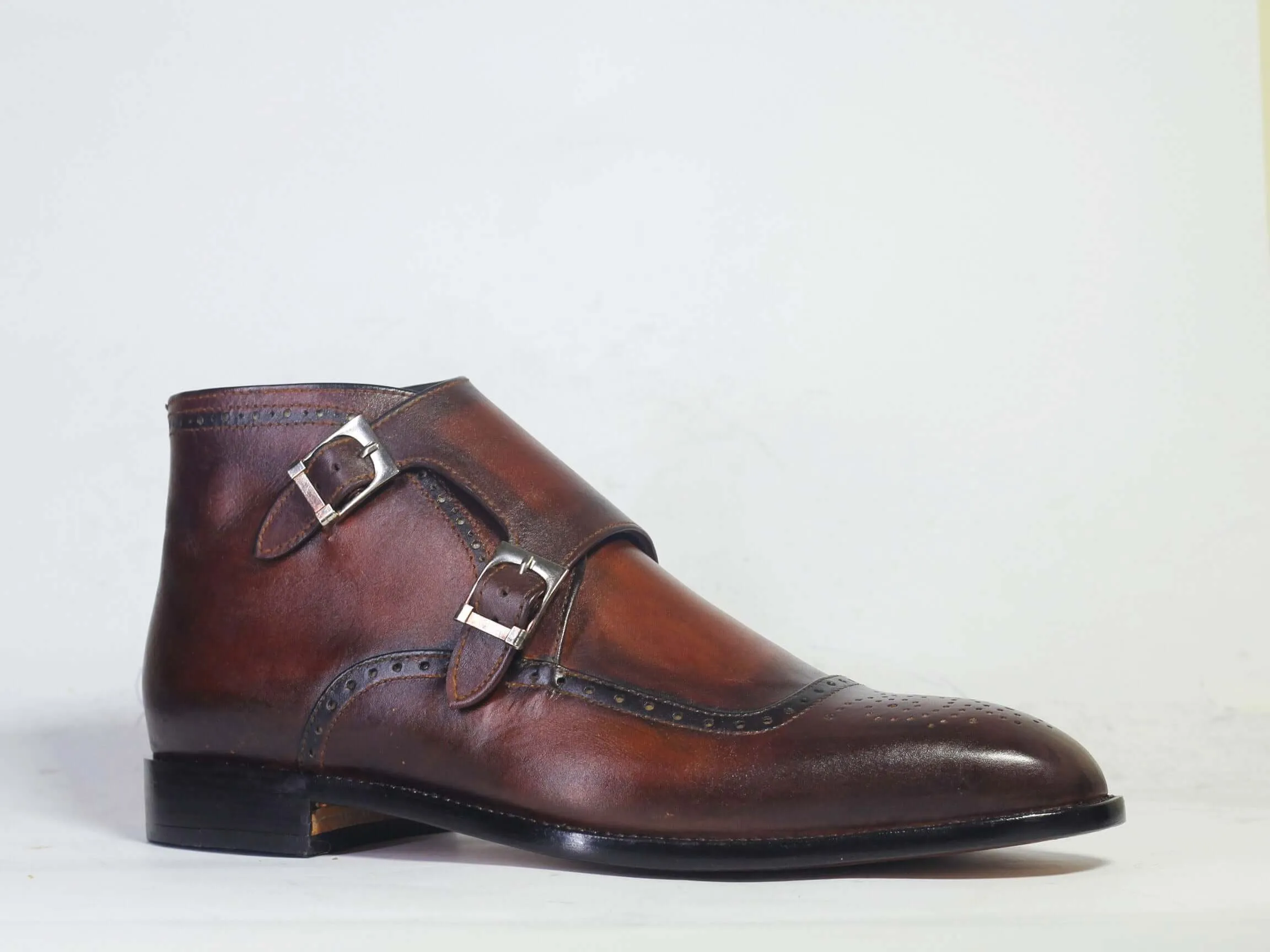 Handmade Leather Brown Double Monk strap Boots, Men Half Ankle Cap Toe Boots