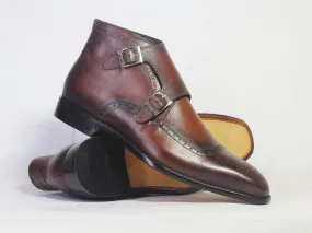 Handmade Leather Brown Double Monk strap Boots, Men Half Ankle Cap Toe Boots