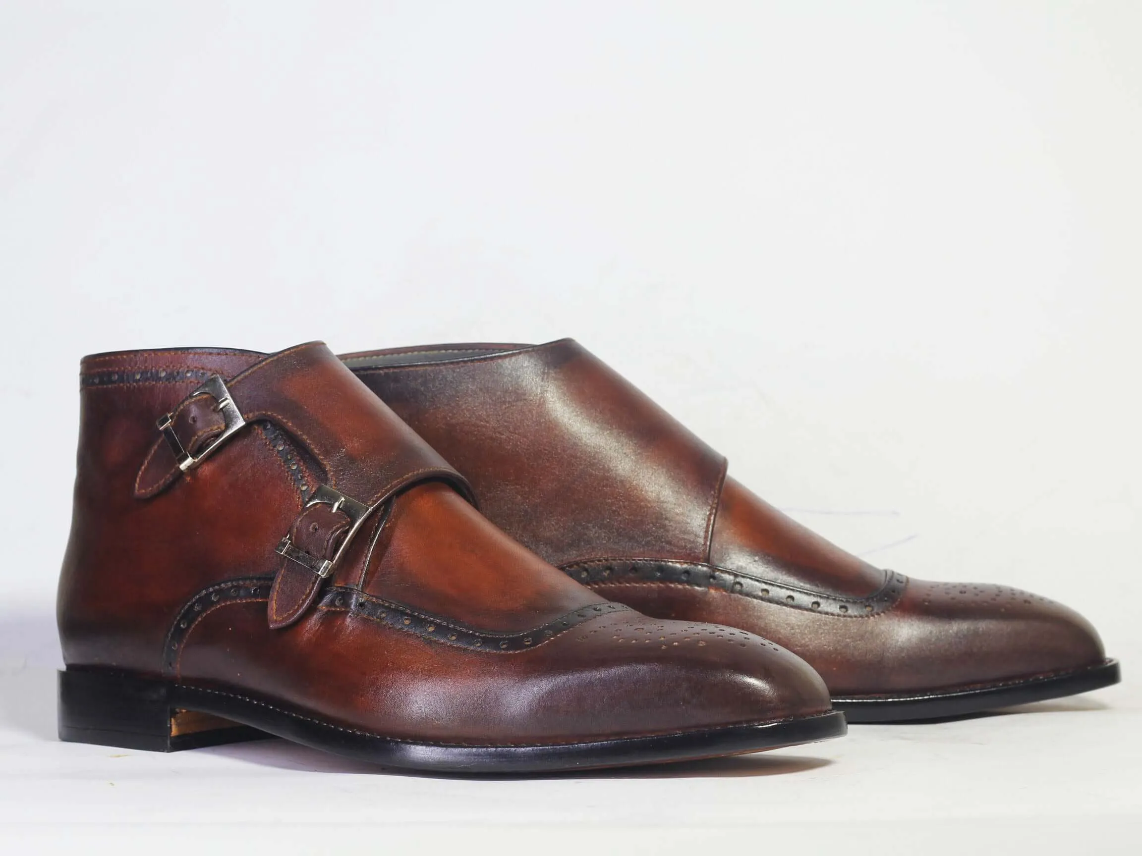 Handmade Leather Brown Double Monk strap Boots, Men Half Ankle Cap Toe Boots