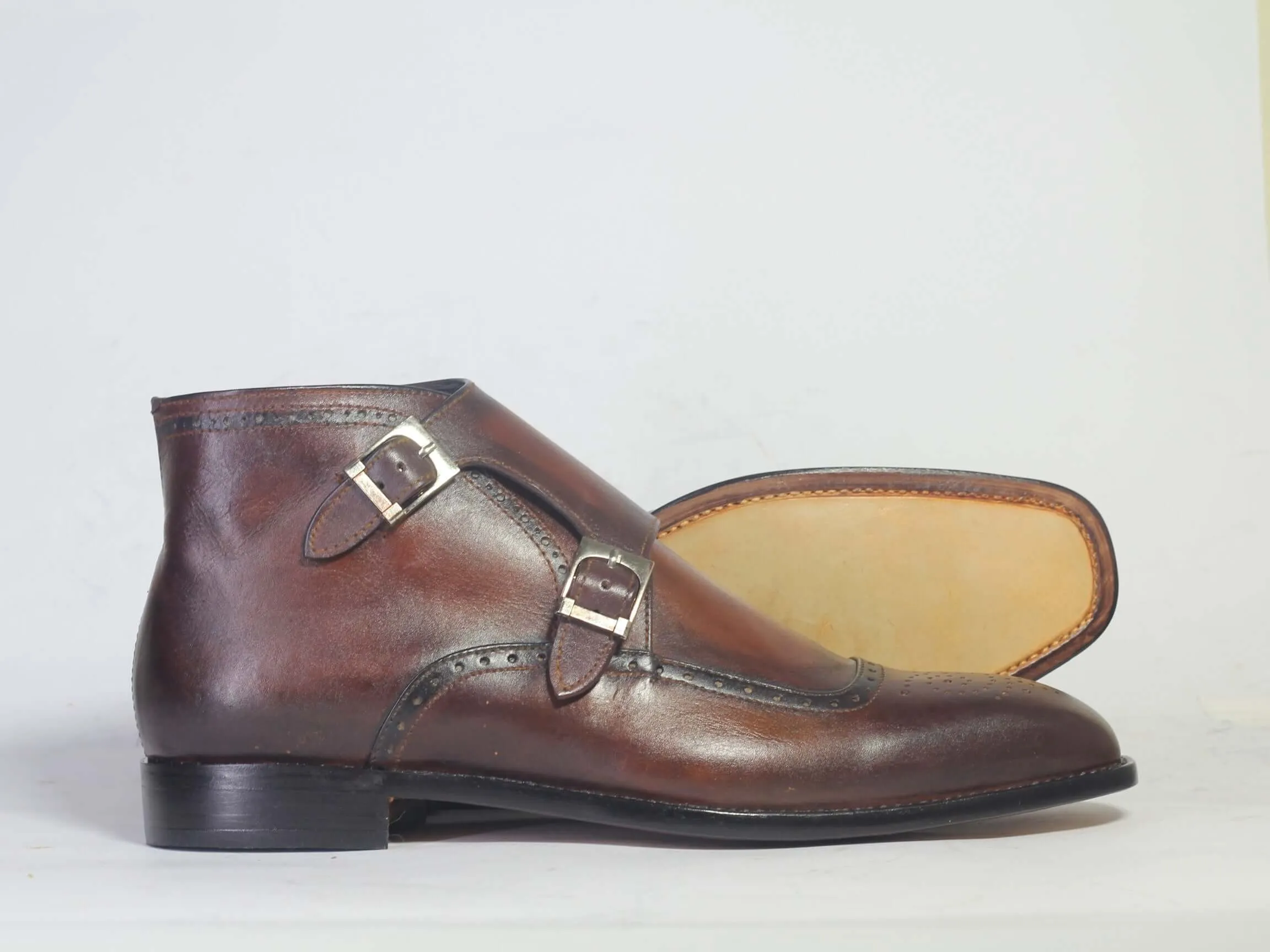 Handmade Leather Brown Double Monk strap Boots, Men Half Ankle Cap Toe Boots