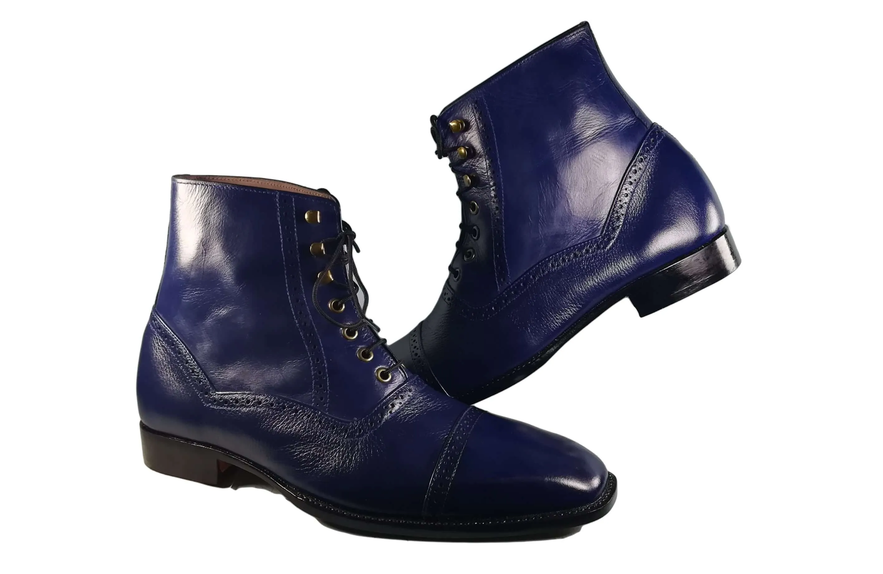 Handmade Men's Blue Cap Toe Leather Ankle Boots, Men Fashion Designer Boots