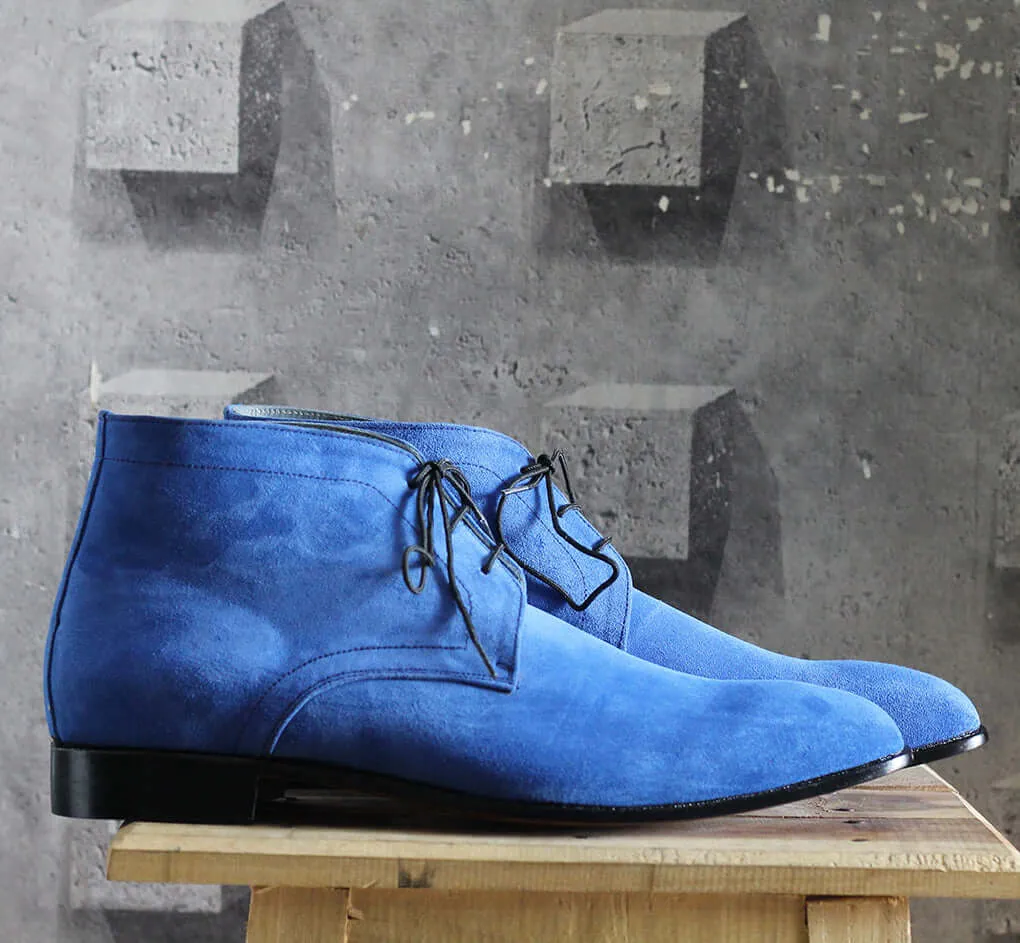 Handmade Men’s Blue Half Ankle Suede Lace Up Boots, Men Suede Chukka Boots