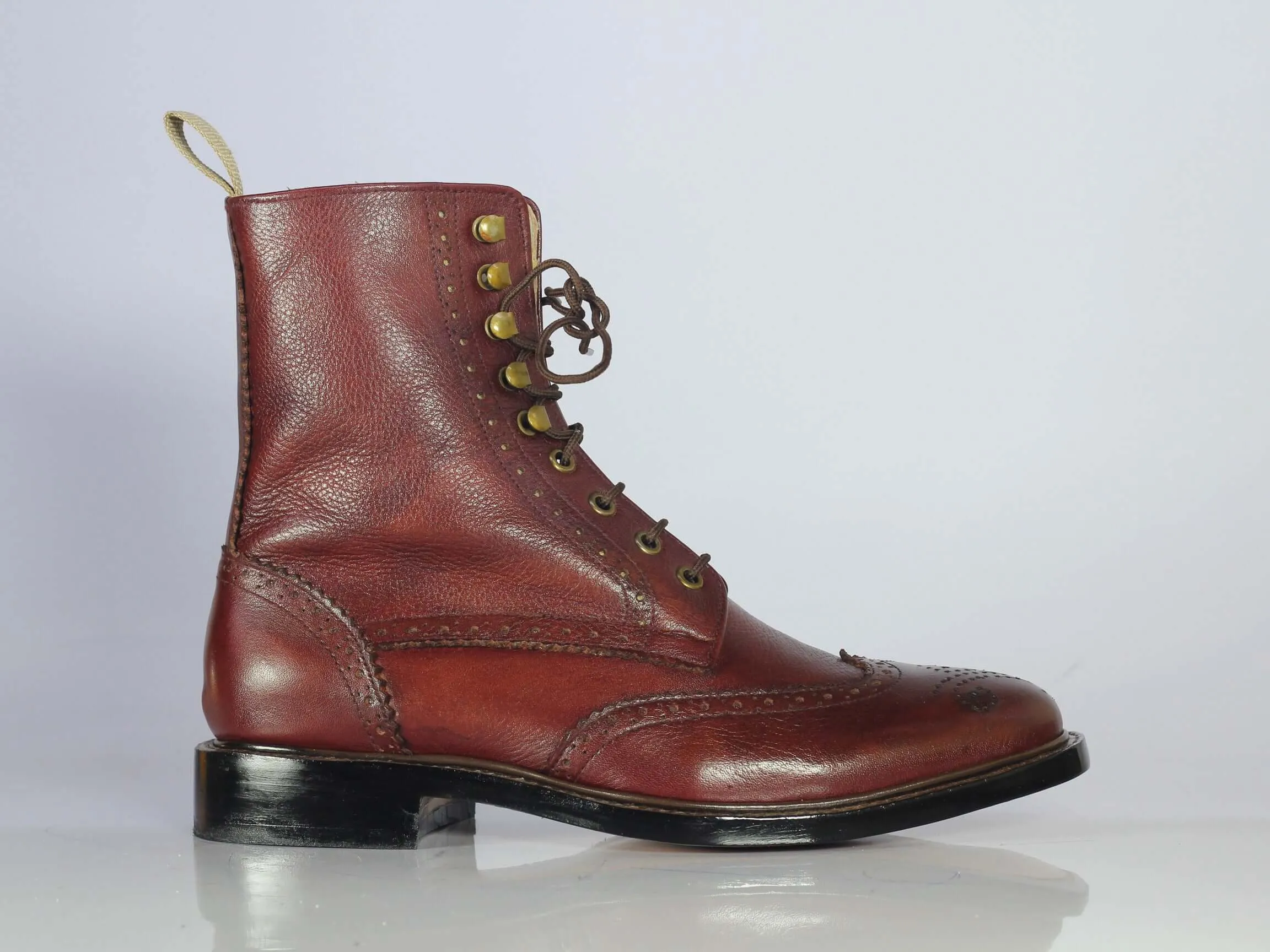 Handmade Men's Burgundy Wing tip Brogue Boots, Men Pebbled Leather Lace Up Boots