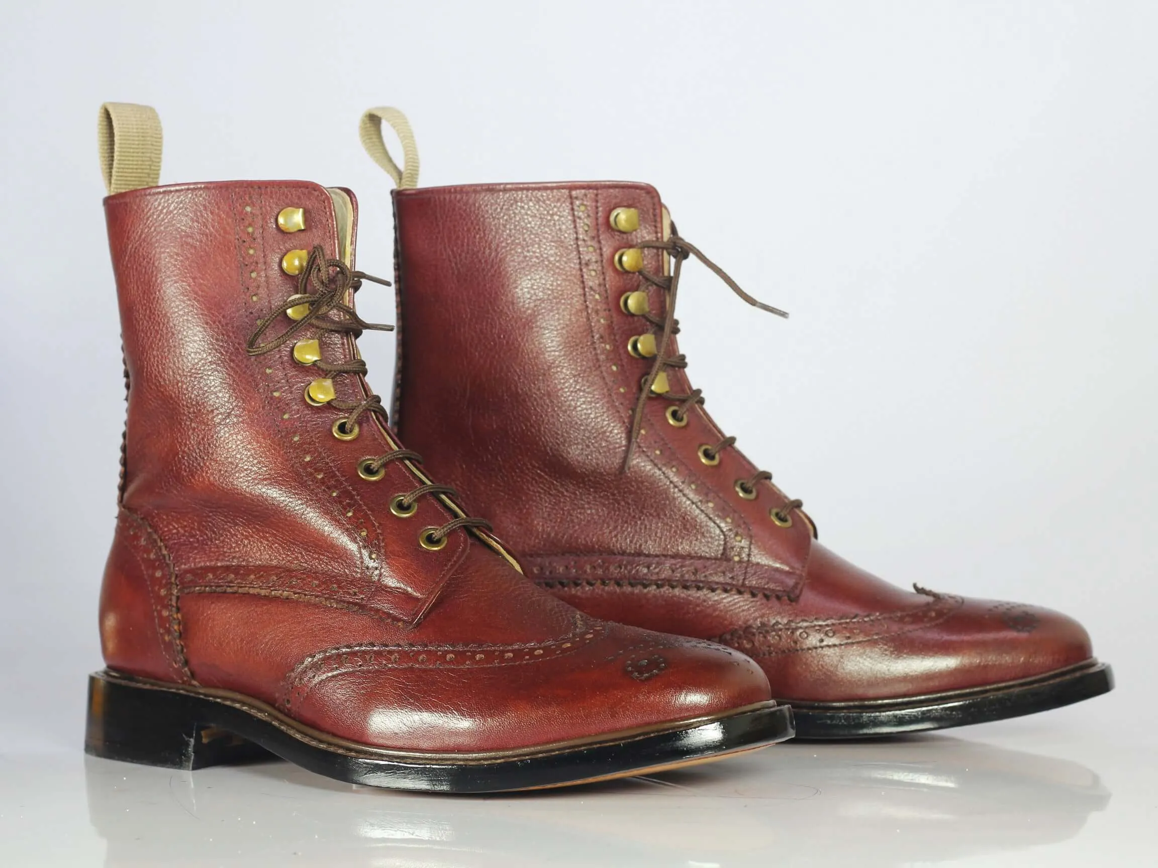 Handmade Men's Burgundy Wing tip Brogue Boots, Men Pebbled Leather Lace Up Boots