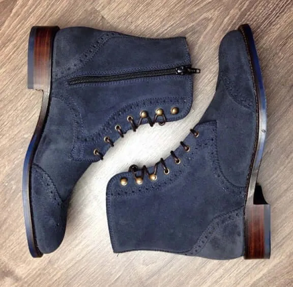 Handmade Men’s Navy Blue Lace Up Boots, Suede Leather Wing Tip Brogue Zipper Boots