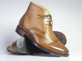 Handmade Men's Tan Leather Chukka Wing Tip Brogue Boots, Men Ankle Boots, Men Fashion Boots