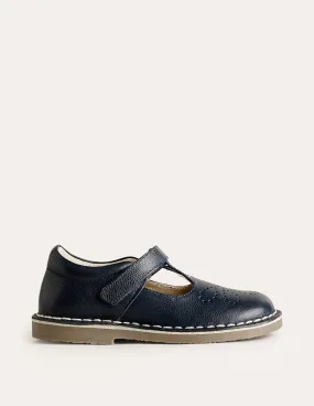 Leather T-bar Flats-Navy