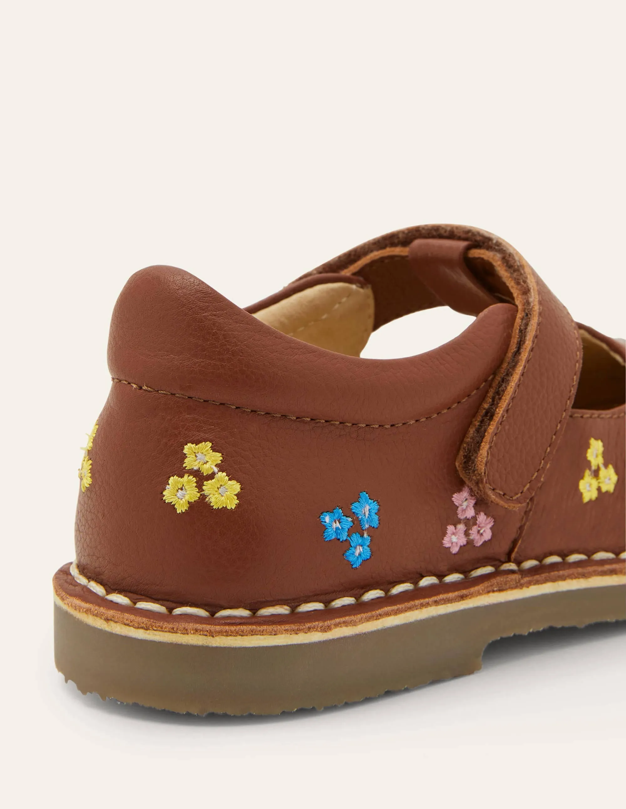 Leather T-bar Flats-Tan Embroidered