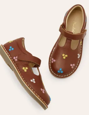 Leather T-bar Flats-Tan Embroidered