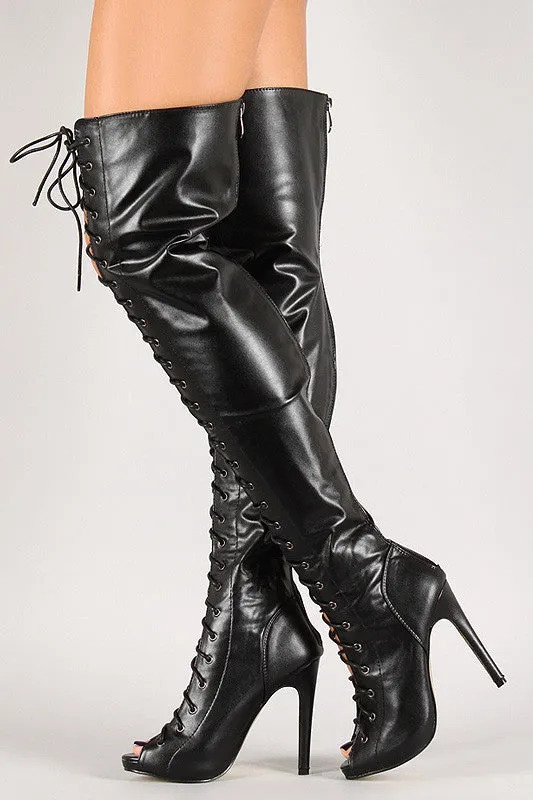 Leatherette Lace Up Thigh High Boot