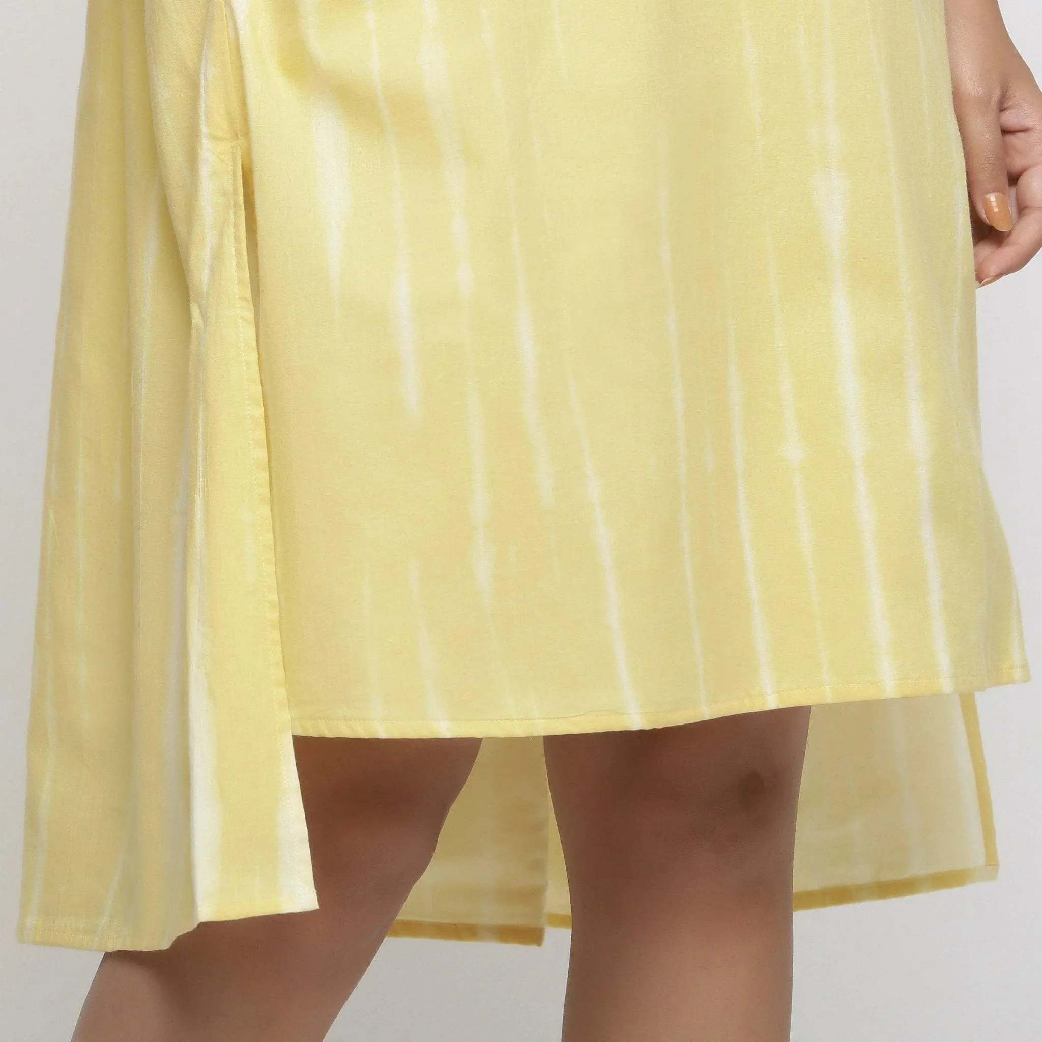 Light Yellow Hand Tie-Dye Cotton Knee Length Peter Pan Dress