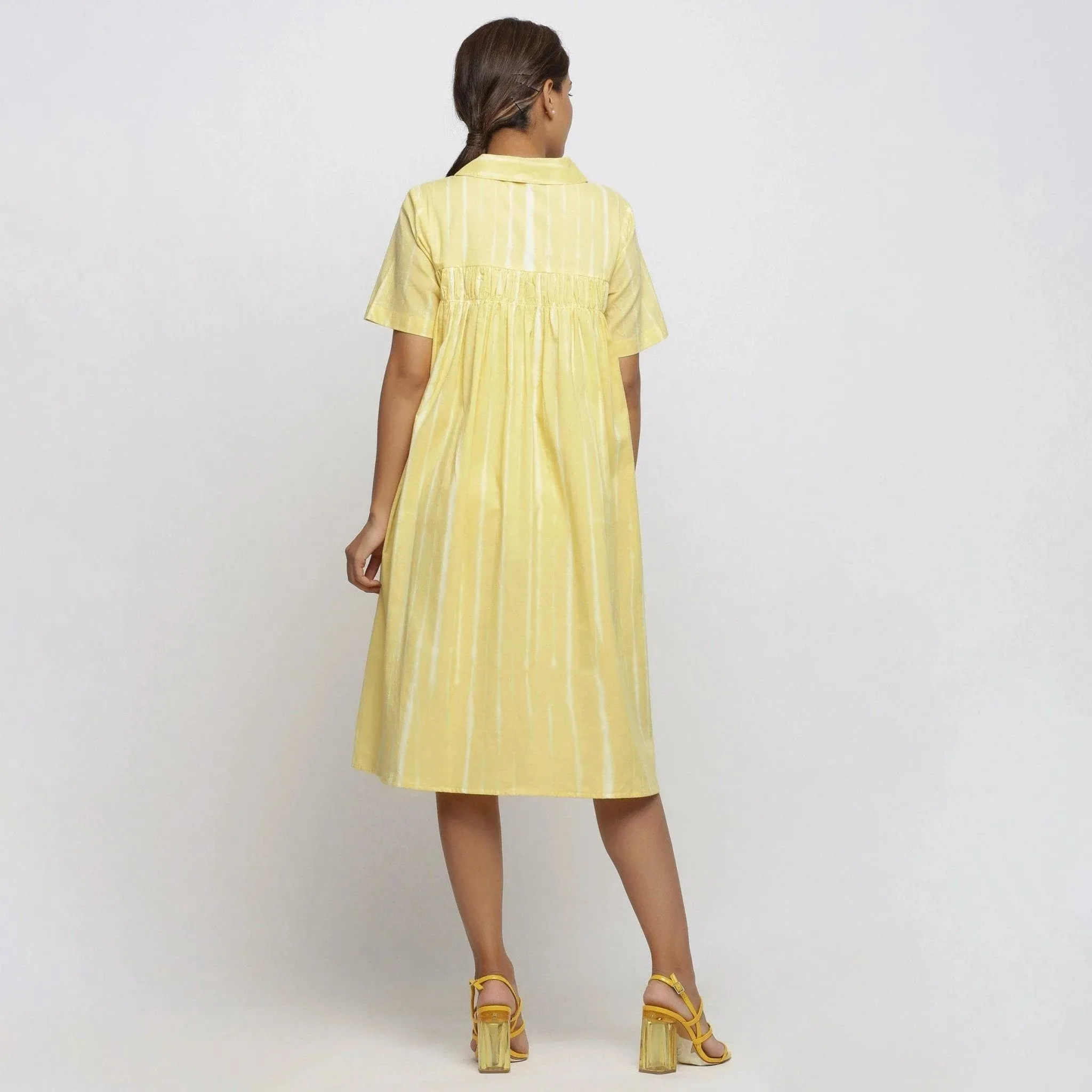 Light Yellow Hand Tie-Dye Cotton Knee Length Peter Pan Dress