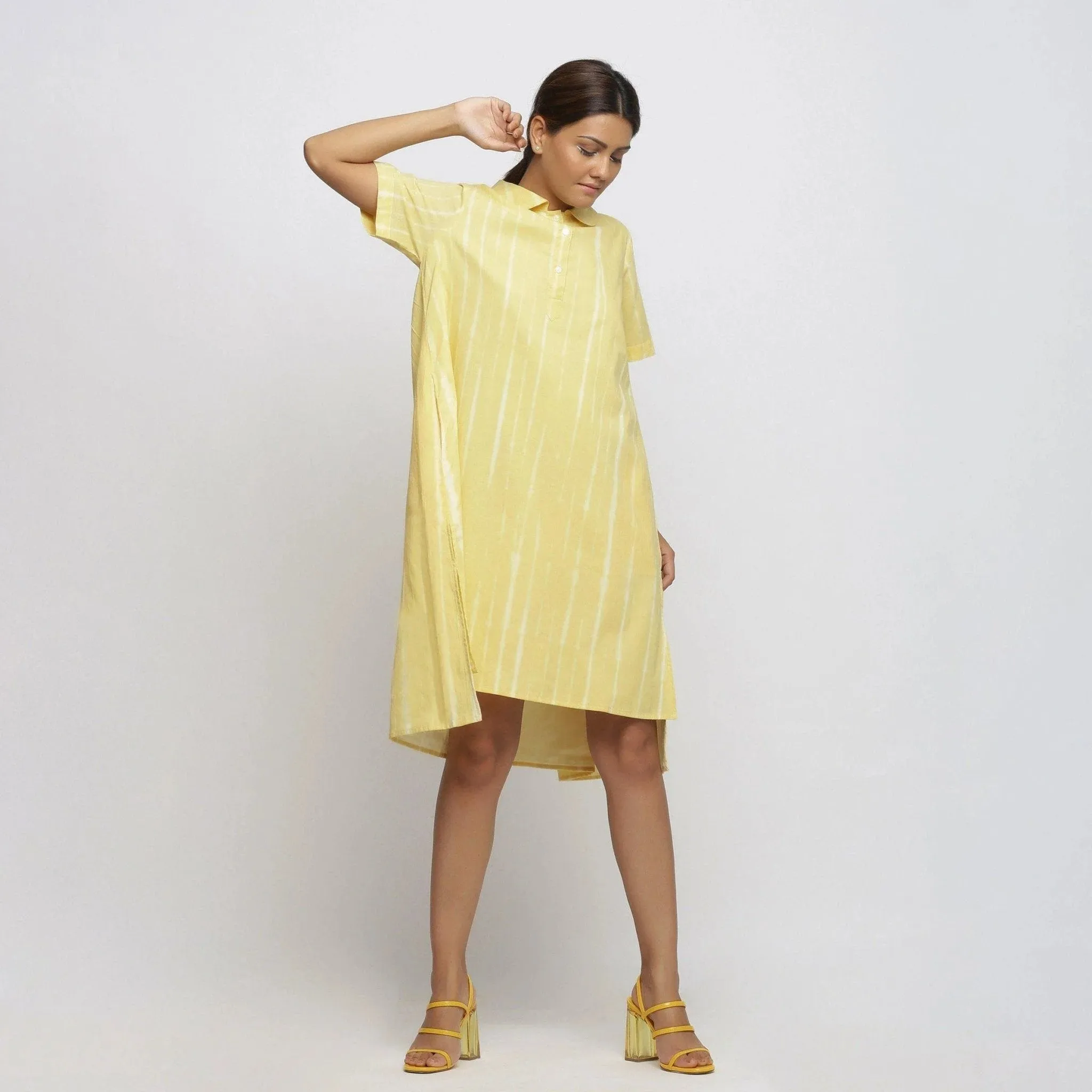 Light Yellow Hand Tie-Dye Cotton Knee Length Peter Pan Dress