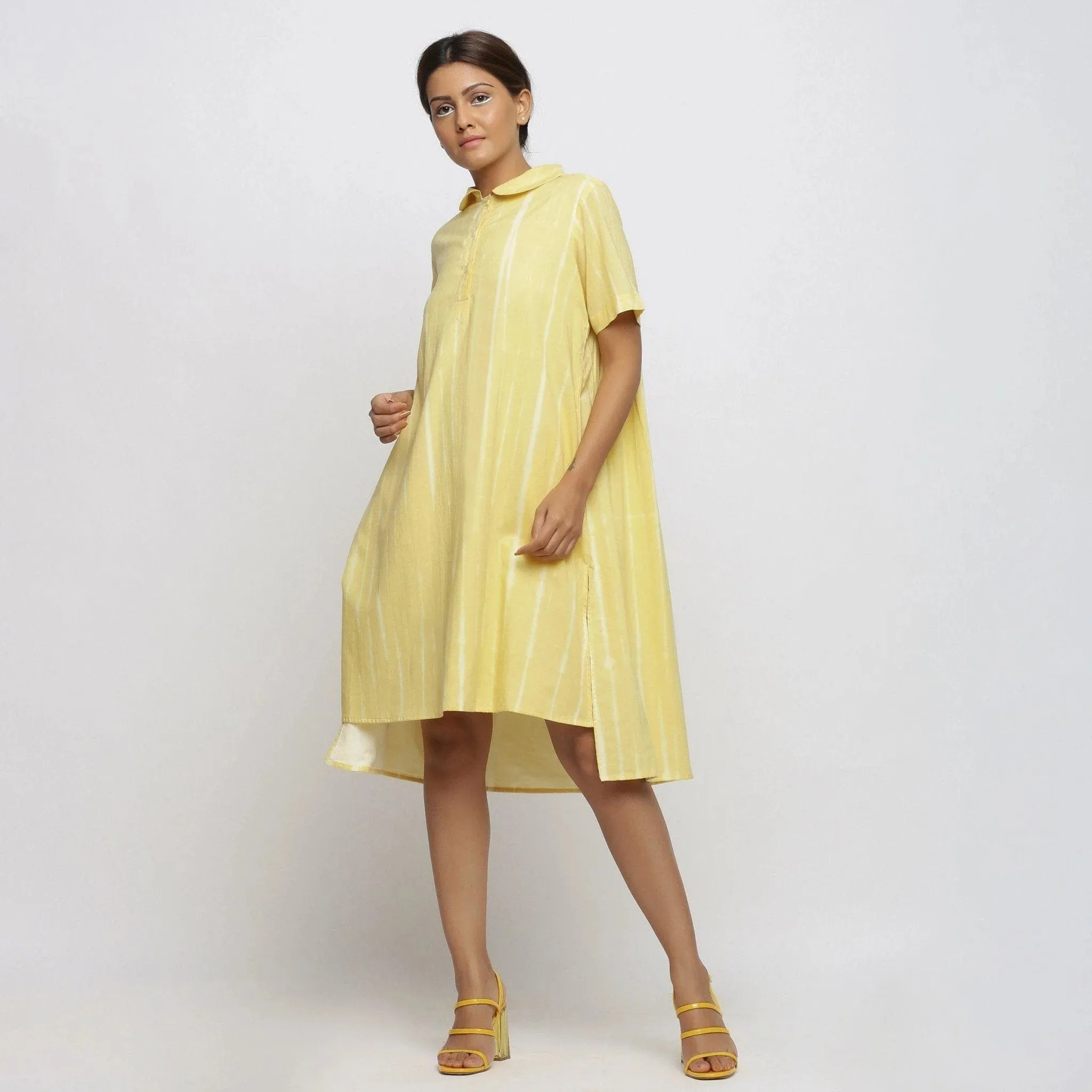 Light Yellow Hand Tie-Dye Cotton Knee Length Peter Pan Dress