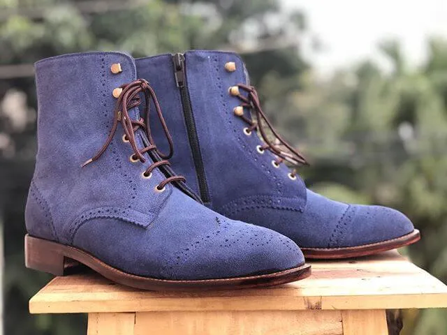 Men's Handmade Blue Wing Tip Brogue Suede Lace Up & Side Zipper Boots, Men Ankle Boots, Men Designer Boots