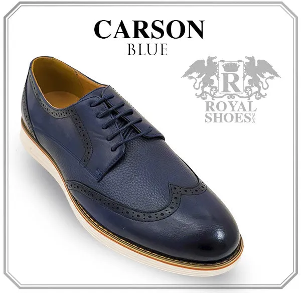 Navy Blue Men's Lace-Up Leather Wingtip Shoes Style No-CARSON