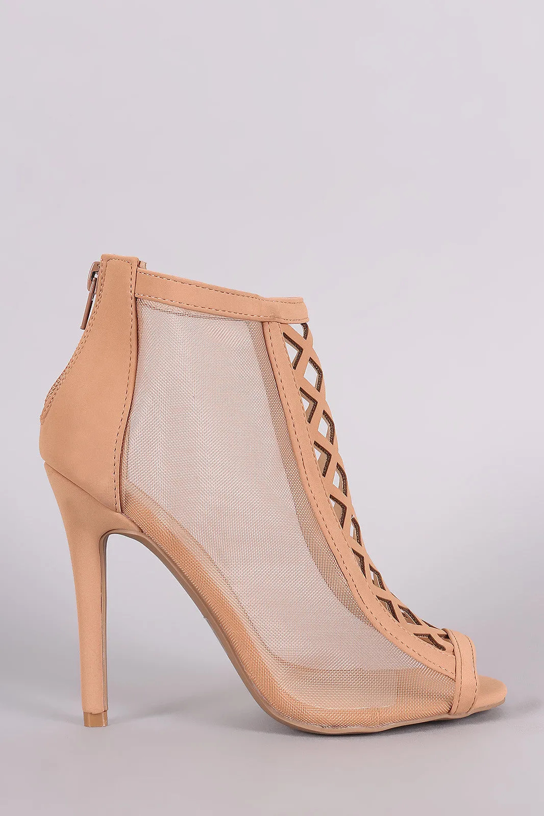 Qupid Geo Cutout Mesh Peep Toe Ankle Boots