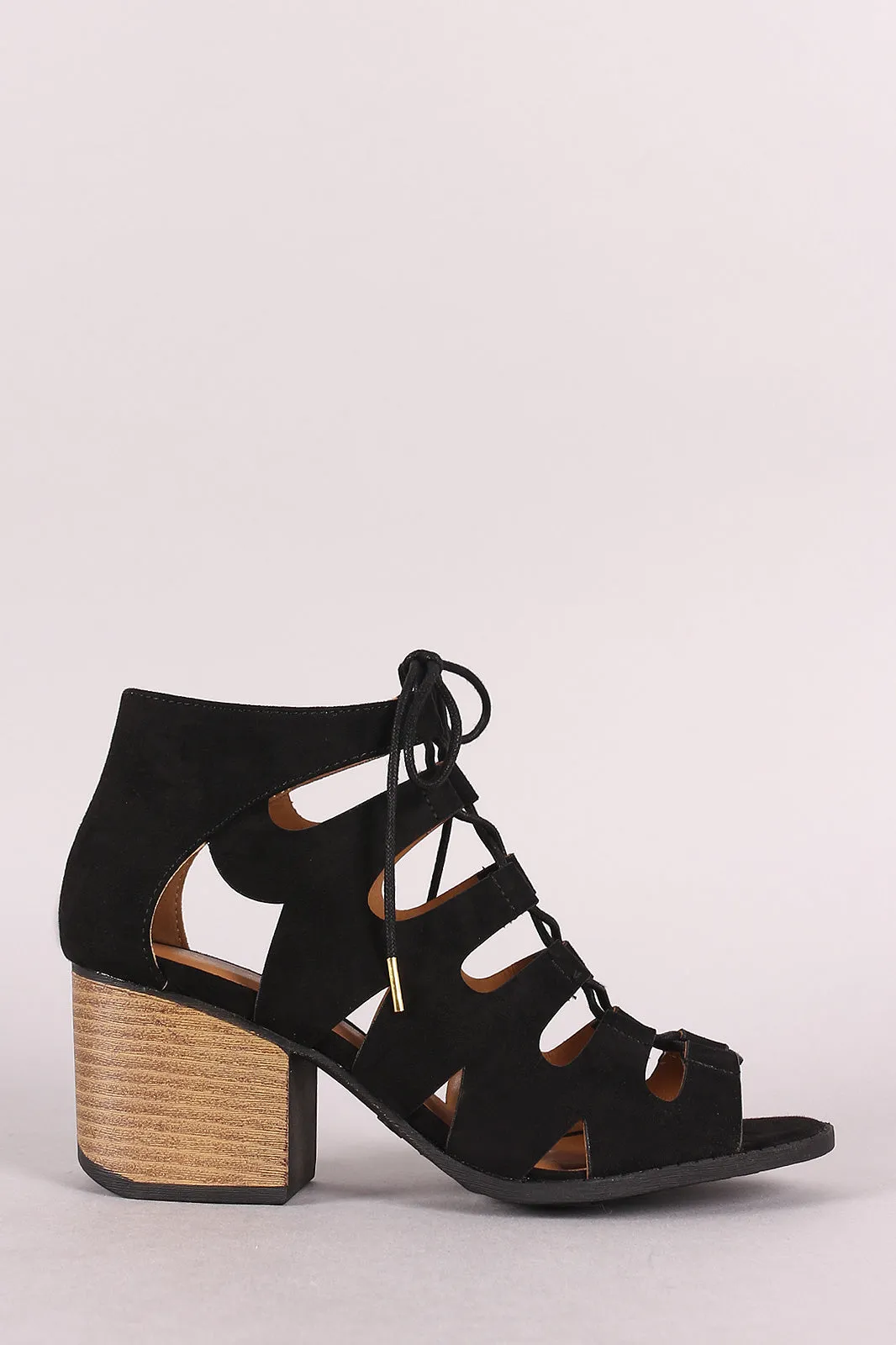 Qupid Peep Toe Lace Up Stacked Chunky Heel Booties