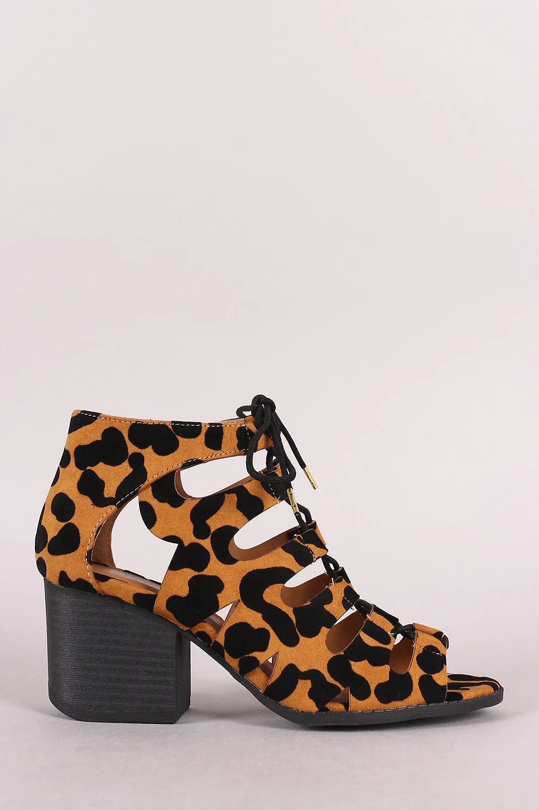 Qupid Peep Toe Lace Up Stacked Chunky Heel Booties