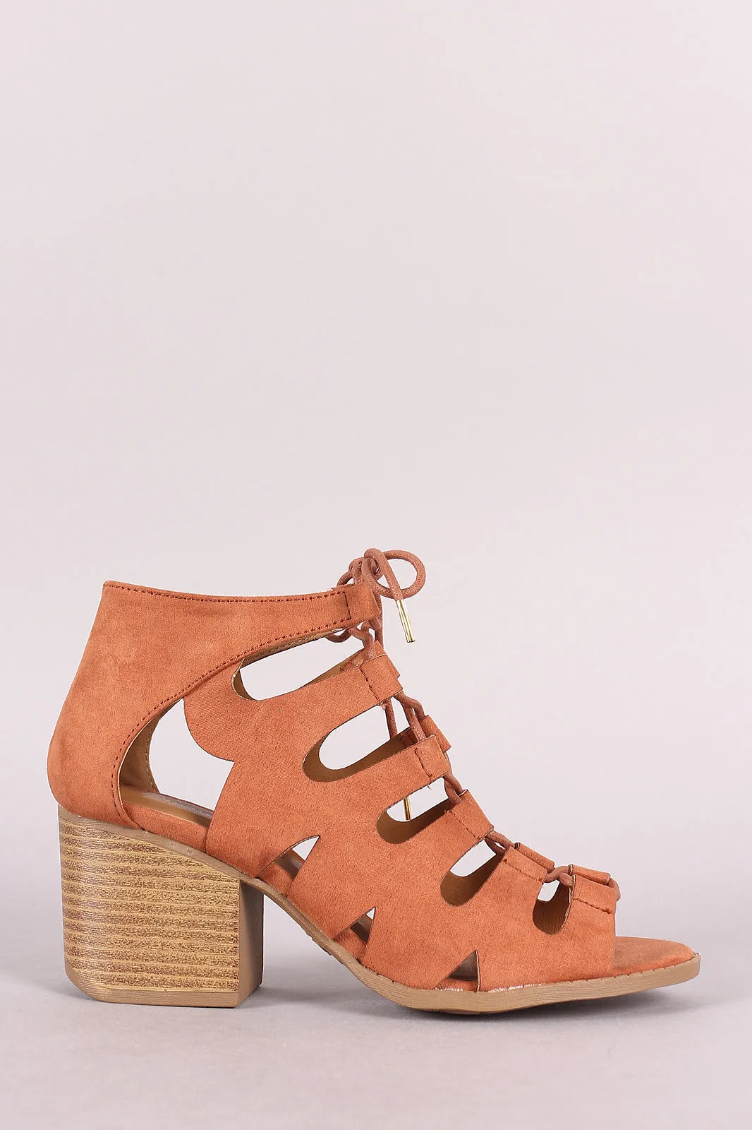 Qupid Peep Toe Lace Up Stacked Chunky Heel Booties