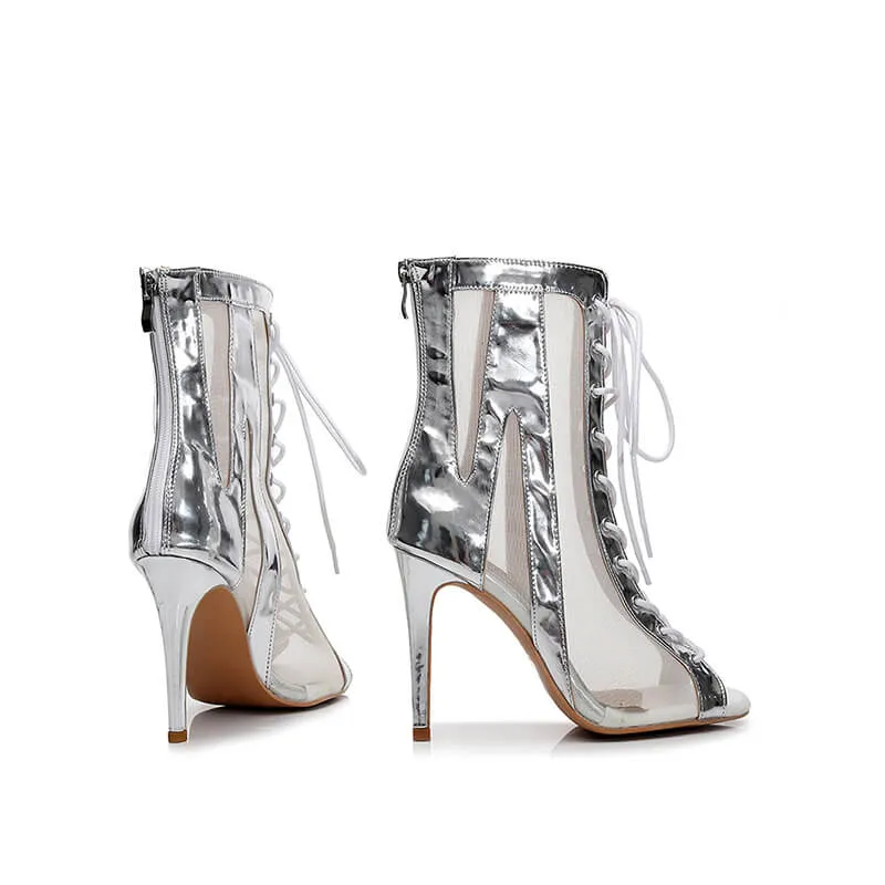 Silver Open Toe Stilettos Heels Ankle Boots