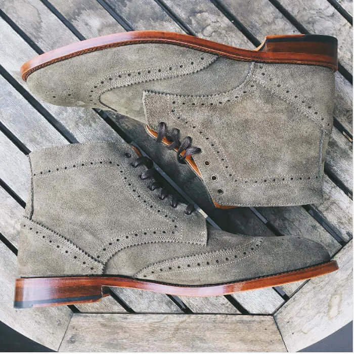 Stylish Handmade Wing Tip Gray Suede Lace Up Brogue Ankle-High Boots, Men's Suede Gray Boots