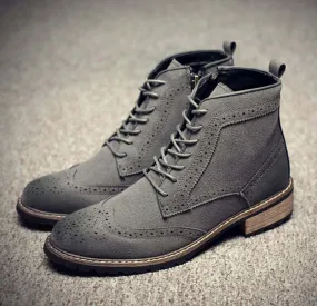 Stylish Men's Handmade Gray Suede Brogue Lace Up Boots, Men Suede Gray Casual Boots