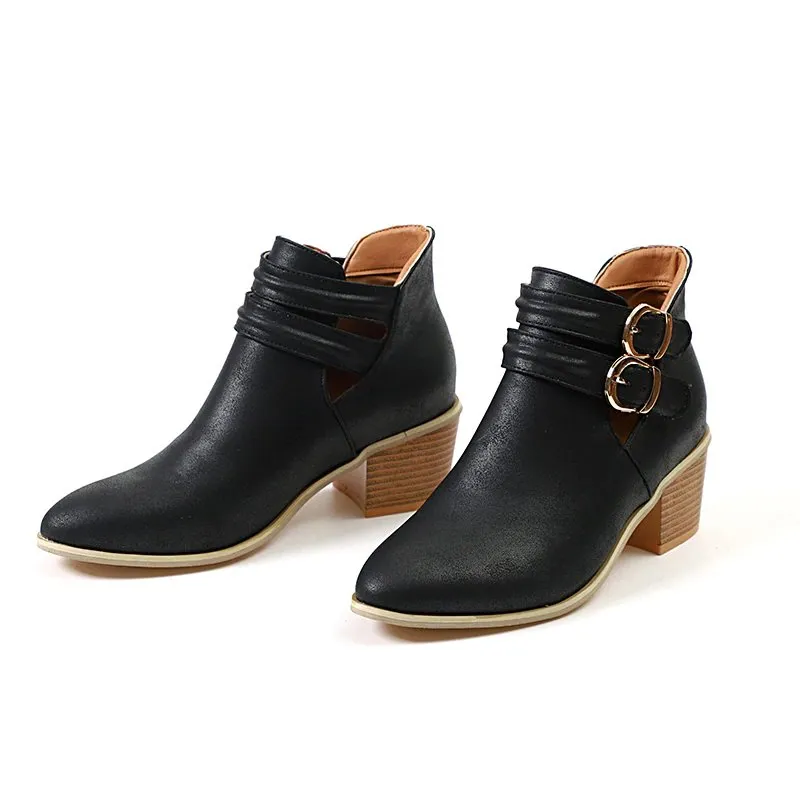 Women's Autumn Casual Buckle Ankle Boots With Wooden Heels