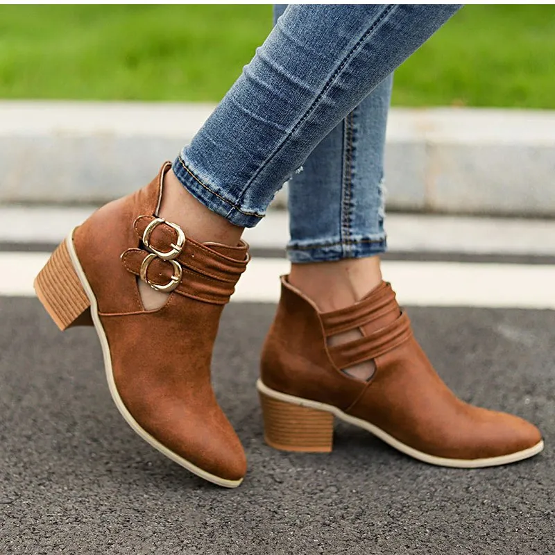 Women's Autumn Casual Buckle Ankle Boots With Wooden Heels