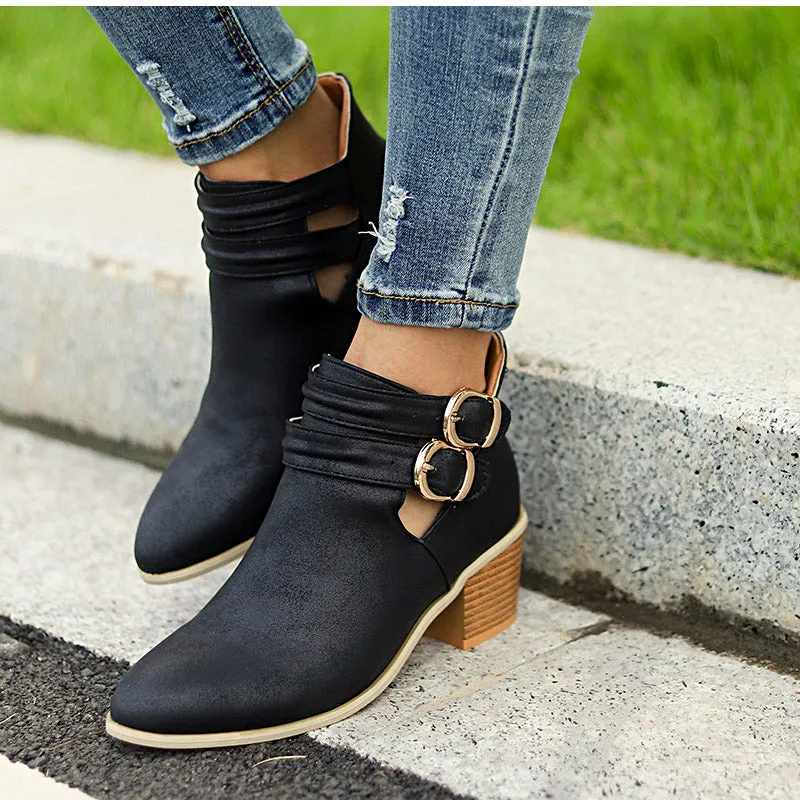 Women's Autumn Casual Buckle Ankle Boots With Wooden Heels