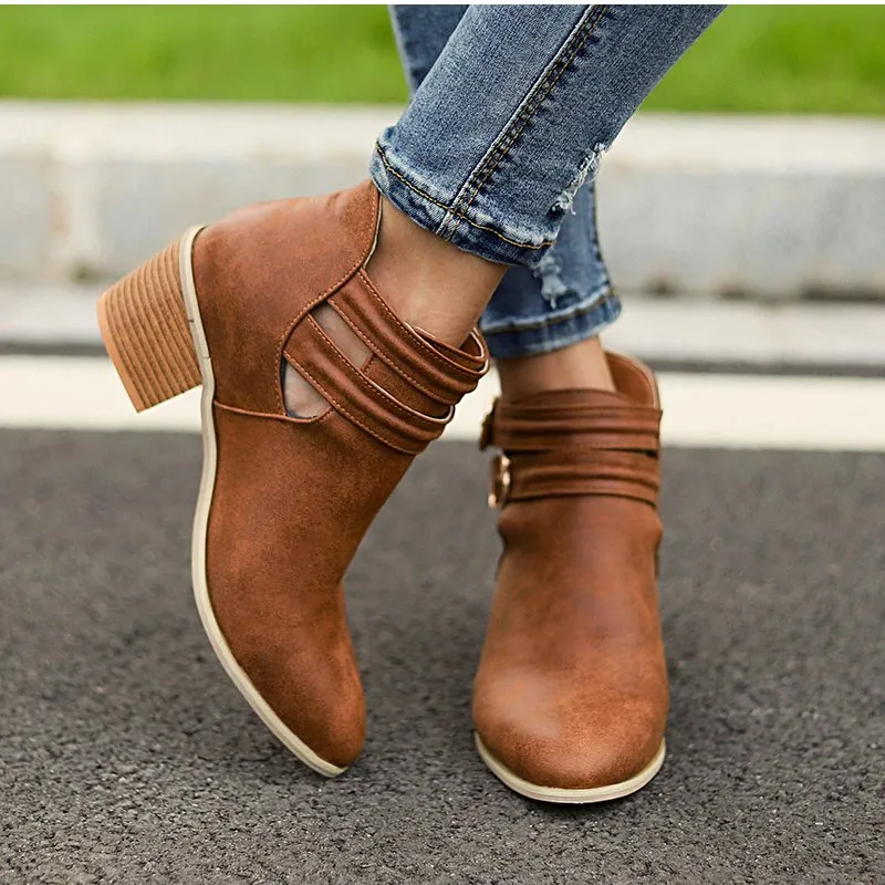 Women's Autumn Casual Buckle Ankle Boots With Wooden Heels