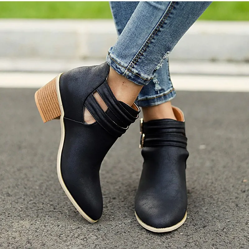 Women's Autumn Casual Buckle Ankle Boots With Wooden Heels