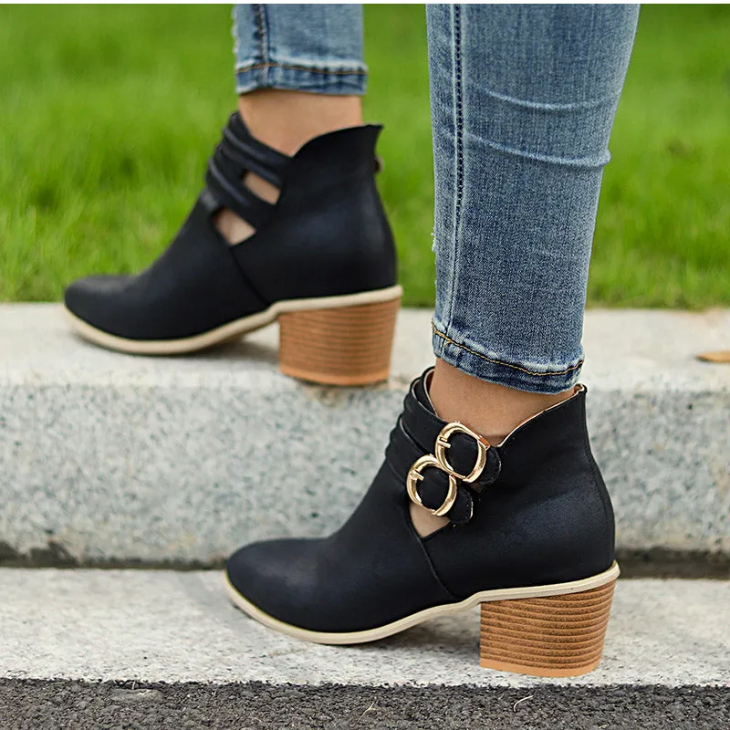 Women's Autumn Casual Buckle Ankle Boots With Wooden Heels