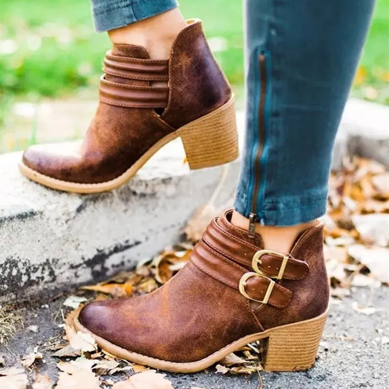 Women's Autumn Casual Buckle Ankle Boots With Wooden Heels