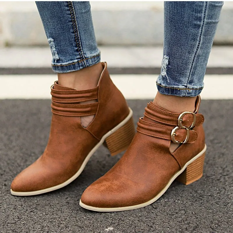 Women's Autumn Casual Buckle Ankle Boots With Wooden Heels