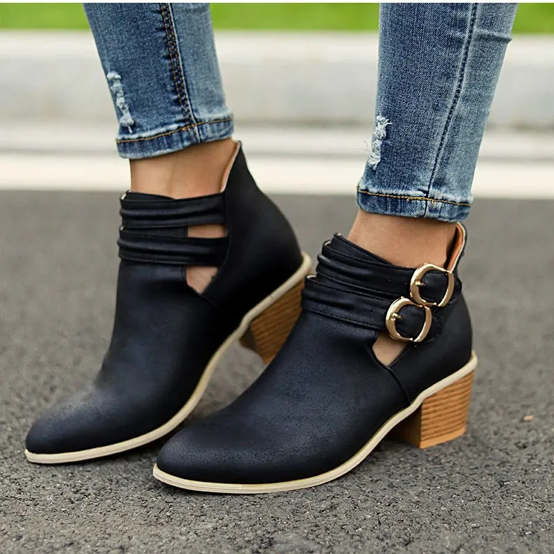 Women's Autumn Casual Buckle Ankle Boots With Wooden Heels